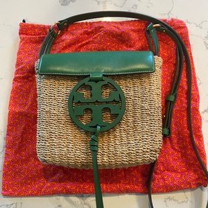 Tory Burch Miller Crossbody Straw Bag Green VGUC